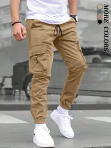Men's Solid Flap Pocket Cargo Pants, Drawstring Kangaroo Pocket, Casual Slant Pocket, Regular Fit Casual Comfy Elastic Waist Casual Plain Trousers for Daily Wear, Fashion Men's Bottoms for All Seasons, Fitted Pants