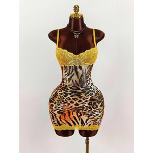 Women's Y2K Leopard Print Party Yellow Bodycon Mini Dress Sleeveless Going Out Party Dresses