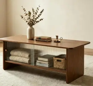 47-inch Modern Minimalist Rectangular Coffee Table with Glass Sliding Door Storage Cabinet, Easy-to-Assemble Indoor Living Room Furniture