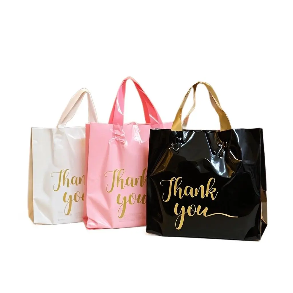 50pcs Thank You Plastic Shopping Bags, 3 Colors Thick Packaging Bags for Clothes & Gifts, Fashionable Shopping Bag, Plastic Bags With Handles
