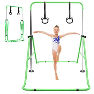 Foldable & Expandable Gymnastics Bar for Kids and Teens – Adjustable Height Horizontal Training Bar with Rings, Sturdy Folding Design with Wheels for Home Practice & Clubs