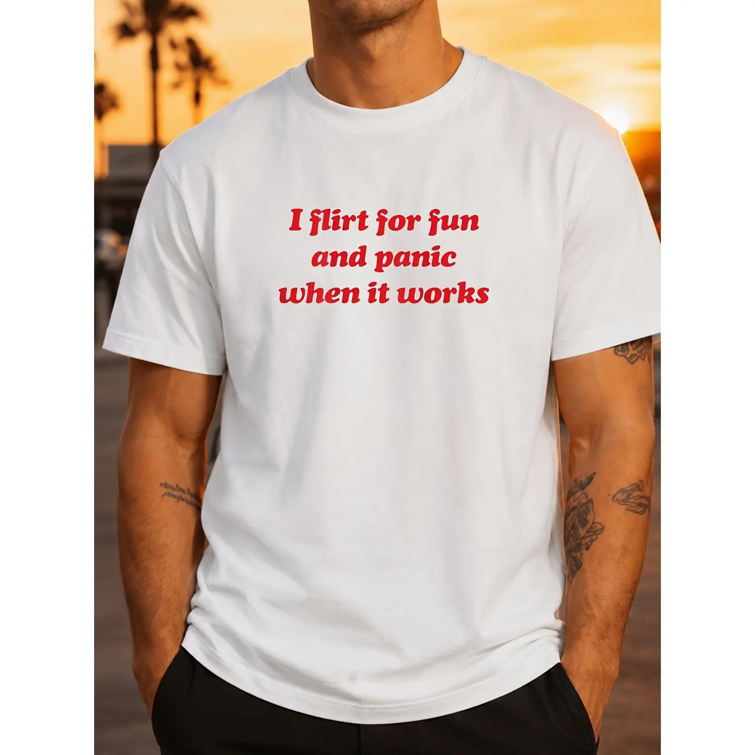 I Flirt for Fun Panic When It Works Dating Humor Cotton T-shirt Men Medium White 1 Same Style for Men and Women 2026 Summer Short-Sleeved Printed Cotton T-shirt 180G cottont loose fit st