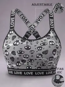 Dark Skull Print Backless Bra, Adjustable Cross Straps, Wireless Sports Bra, Shockproof and Shapewear, Outerwear Vest Style, Strappy Workout Bra, Sports Bralette