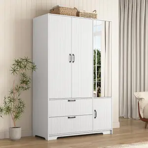 4 Doors Wardrobe Closet with Mirror, LED Wardrobe with Doors and 2 Drawers, Wooden Wardrobe Storage Cabinet with Hanging Rod, Adjustable Shelves, White