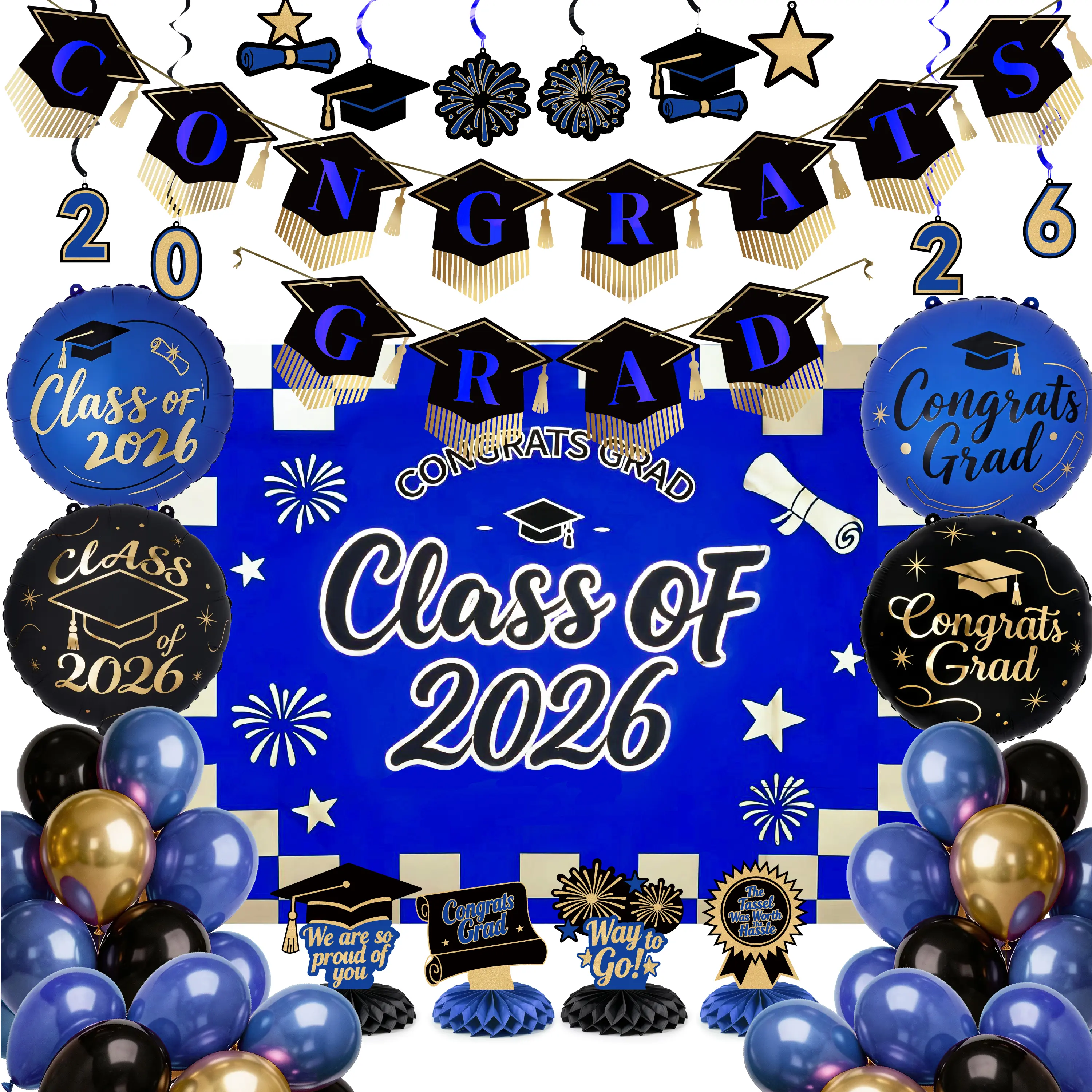 Graduation Decorations Class of 2026 Grad Party Supplies Set with Congrats Grad Backdrop Blue Checkered Banner Hanging Swirls Foil Latex Balloons Centerpieces Party Decoration Blue Black Gold 40pcs