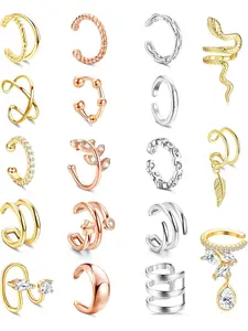 18 Pcs Colorful Ear Cuff Jewelry Set for Women Men Available in Elegant Silvery Rose Golden Classic Copper Ear Piercings Adjustable Clip-on Ear Cuffs Flexible Wrap-around Design Cartilage Helix Ear Positions for Effortless All-day Comfortable Wear