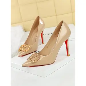 Women’s French-Style Stiletto Heel Shoes, Open-Toe Fashion Shoes with Rhinestones & Metal Buckle, Slip-On PU Leather Single Shoe