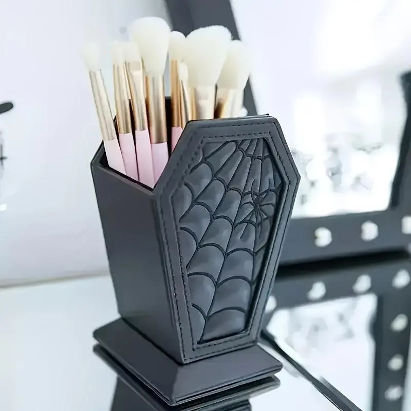 Gothic Style Coffin Shaped Makeup Brush Holder, Lightweight Plastic Desk Organizer, Desktop Storage Basket for Home Office Dormitory Bathroom, Cosmetics Organizer, Beauty Brushes Storage