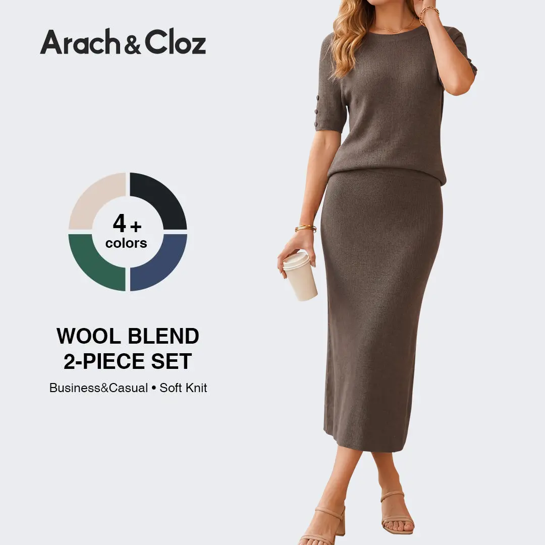 Arach&Cloz Women's Wool Blend Sweater 2 Piece SetsBusiness Casual Short Sleeve Top Midi Dress Outfits