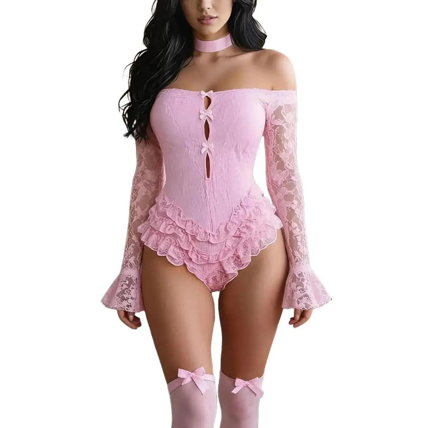 Avidlove Women's 4-Piece Set Pink Lace Off-Shoulder Bodysuit with Ruffle Hem and Stockings