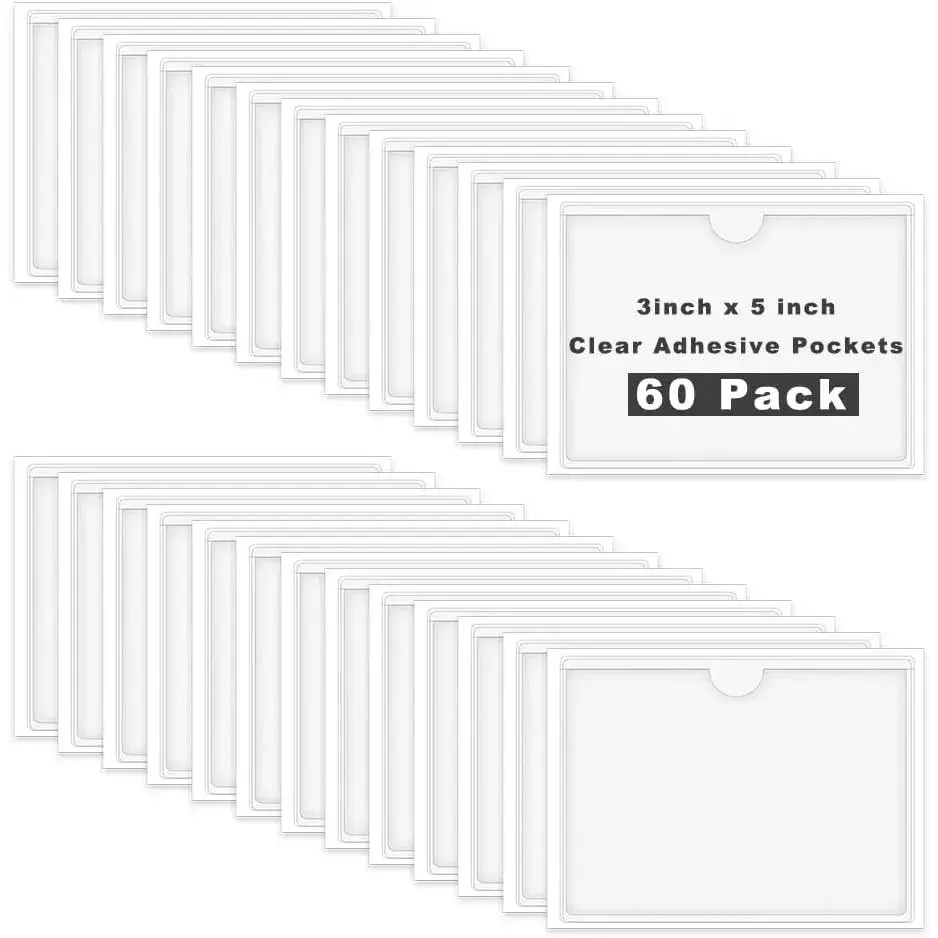 60 Pack 3 X 5 Inches Adhesive Index Card Pockets, Clear Self Adhesive Label Pockets Label Holders Card Holder Shelf Label Holder for Organizing, Storage Bins (3.7 x 5.3 inches)