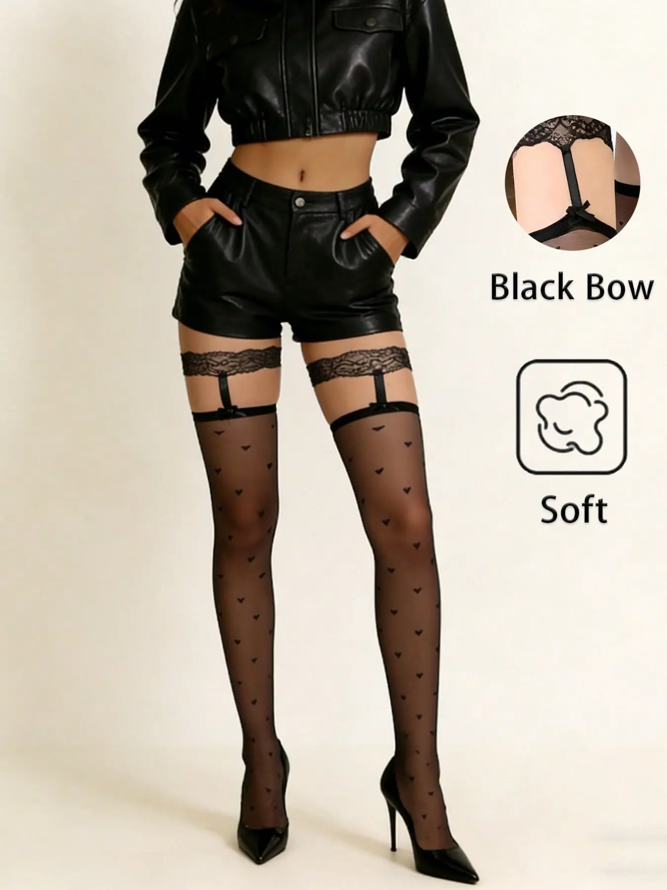 Women's Heart Print Lace Garter Thigh High Socks, Lingerie, High Elasticity, Edgy Hot Girl Style, Perfect for Streetwear, Party & Night Out