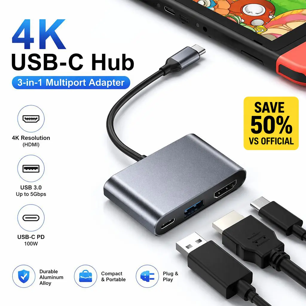 Switch 2 TV Dock, Portable USB C to HDMI adpater for Switch/Switch 2/Steam Deck/ROG Ally/Legion GO, 3-in-1 Switch 2 Travel Dock with HDMI 4K@120Hz, USB 3.0 and 100W Charge PD Port Switch Accessories game case