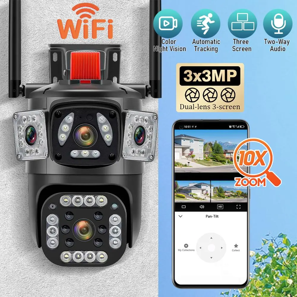 【Summerfinds】Outdoor WiFi Security Camera 6K 9MP, Triple Lens 360° PTZ Surveillance Camera with Auto Tracking, Night Vision, Two-Way Audio