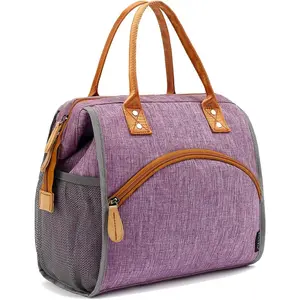 Insulated Lunch Bag Wide-Open Lunch Box Large Tote Leakproof Cooler with Drink Holder and Multi Pockets for Women Men Adult  Work Picnic Travel Beach Hiking, Purple