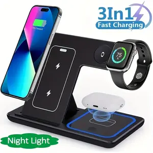 15W 3-in-1 Magnetic Wireless Charging Station: Compatible with iPhone, Samsung, AirPods & Apple Watch. Fast Charging Pad, Portable Stand for Home, Office, Bedside. Multi Charger Station