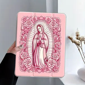 Pink Virgin Mary Rose Floral iPad Stand Case, Adjustable Tablet Stand, Religious Art Transparent Acrylic Back Panel With Pencil Slot, for All models ipad, Scratch-resistant Ultra-thin Protective Case, Shock-resistant Full Cover, Tablet Accessories