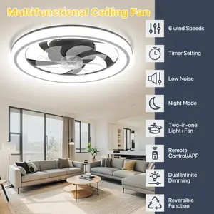 GALENTAL Black Modern LED Ceiling Fan with Light & Remote - 6-Speed, 3 Color Temperatures (Warm White/Nature White/Pure White), Dimmable Brightness, Timer Function, App & Remote Control, Flush Mount Design for Bedroom or Living Room