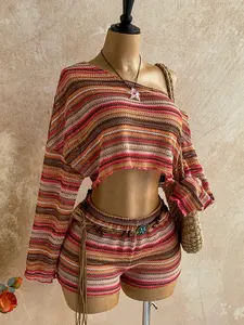 Spring Summer Women's Fashion Chic Sexy off Shoulder Design Floral Print Long Sleeve Top, High Waist Casual Shorts Two Piece Set