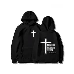 Unisex Christian Cross Printed Longsleeves Cotton-Polyester Cloth Hoodie, Philippians 4:13 Bible Print Fitted Fabric Sweatshirt, Faith-Inspiring Fall-Winter Casual Pullover Jacket