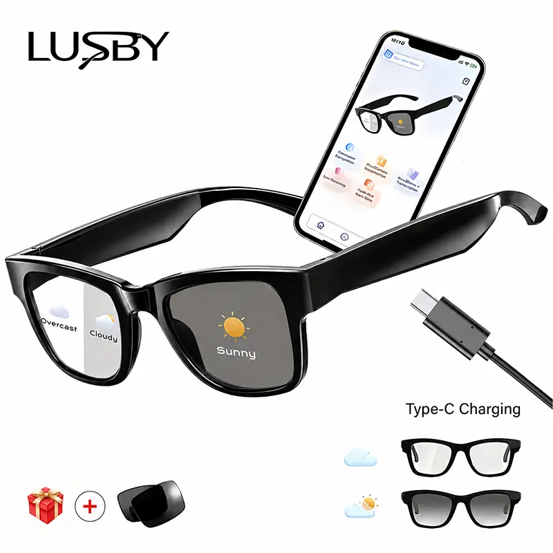 LUSBY AI Smart Glasses for Cycling, Driving, Travel - 160 Language AI Translation with Chat GPT, HD Voice Calls & Hands-Free, HIFI Music Speaker, Color Changing Lenses for Men & Women