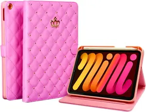 for iPad mini 7 A17 Pro 2024/iPad Mini 6 2021 8.3 Inch iPad mini 7th/6th Gen Case, PU Leather Crown Bling iPad mini 7th/6th Generation Cover with Pencil Holder, Soft TPU()
