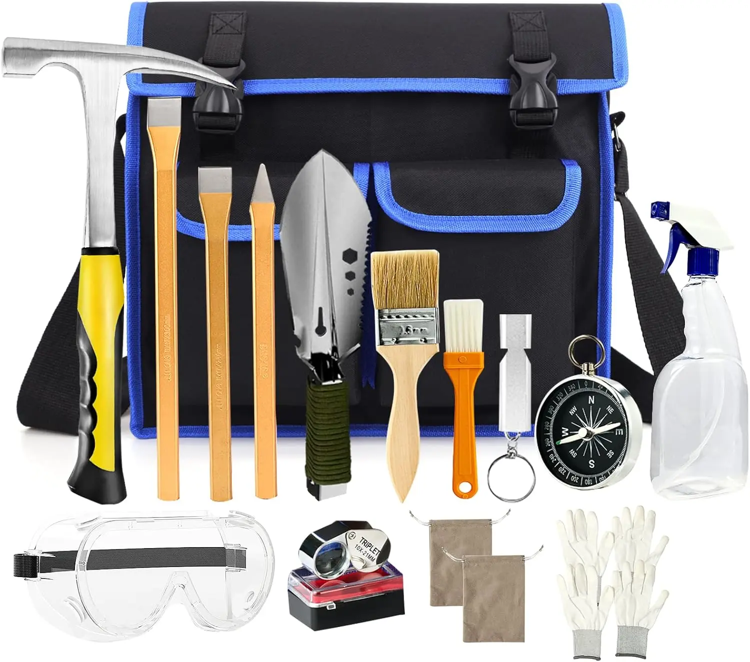 17 count Geology Rock Pick Hammer Kit, 32oz Hammer & 3 count Digging Chisels Set for Rock Hounding,  Mining & Prospecting Equipment Tool with Multi-function Sholve, Compass, Whistle, Chisel