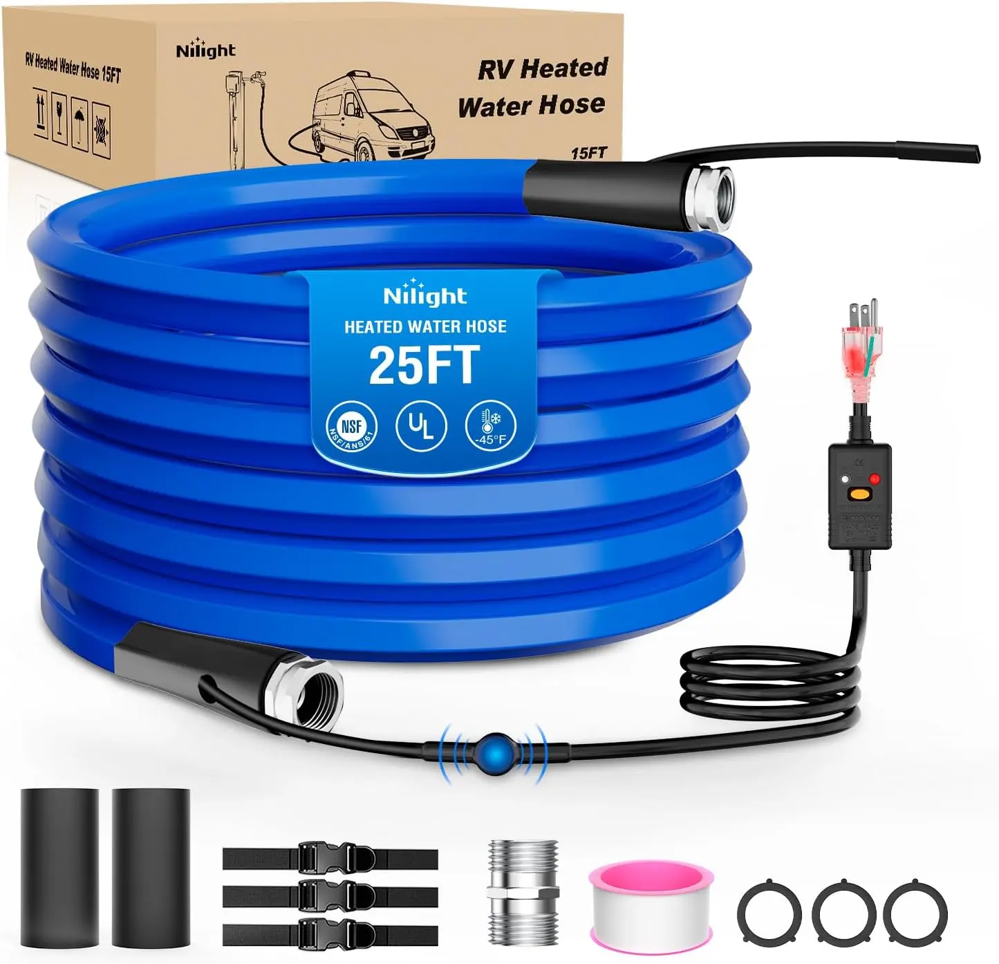 Nilight 25FT Heated RV Drinking Water Hose - 5/8” ID, -45°F Freeze Protection, Auto Thermostat, Energy-Saving Thermostat, Smart Heat System, Lead-Free, BPA-Free, NSF Certified, UL-Certified, Leak Protection, Threaded Ends, Winter Camper Plumbing Accessory