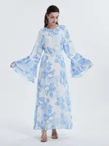 Women's All Over Print Layered Sleeve Dress, Modest Elegance Aesthetic Flounce Sleeve Round Neck Fitted Long Dress for Party Wedding Guest, Ladies Islamic Clothing Womenswear for All Seasons Elegant Wedding Dress