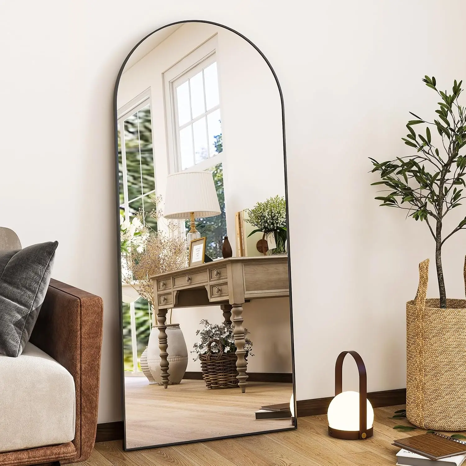 Full Length Mirror, 56x21 Inch Large Floor Mirror with Frame - Arched Top, Stand or Lean Mount, Modern Dressing Mirror for Bedroom