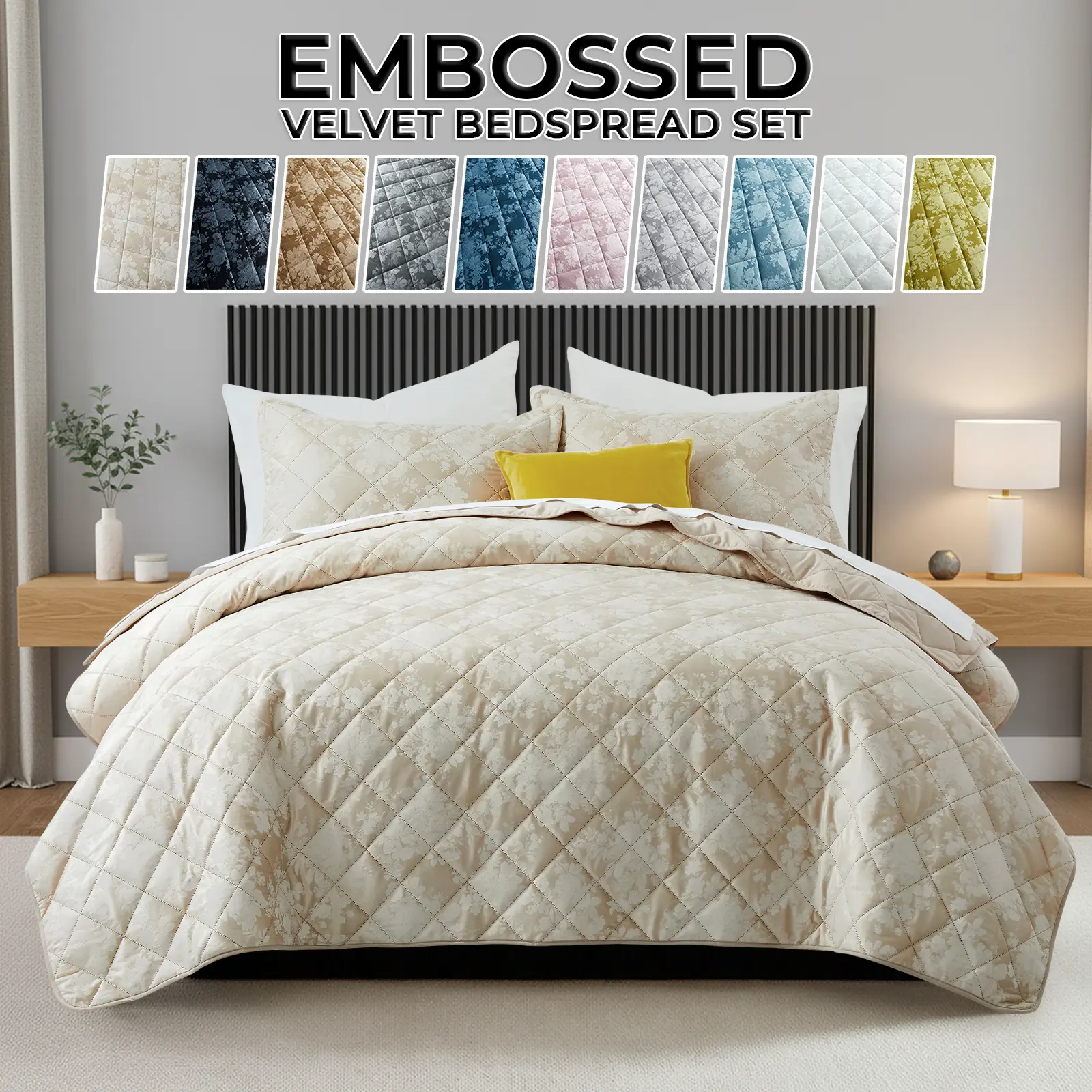 Aesthetic RQ Velvet Quilted Bedspread Set | Soft Embossed Ultrasonic Coverlet | Lightweight All-Season Bedding | Twin (1 Pillow Sham), Queen & King (2 Pillow Shams