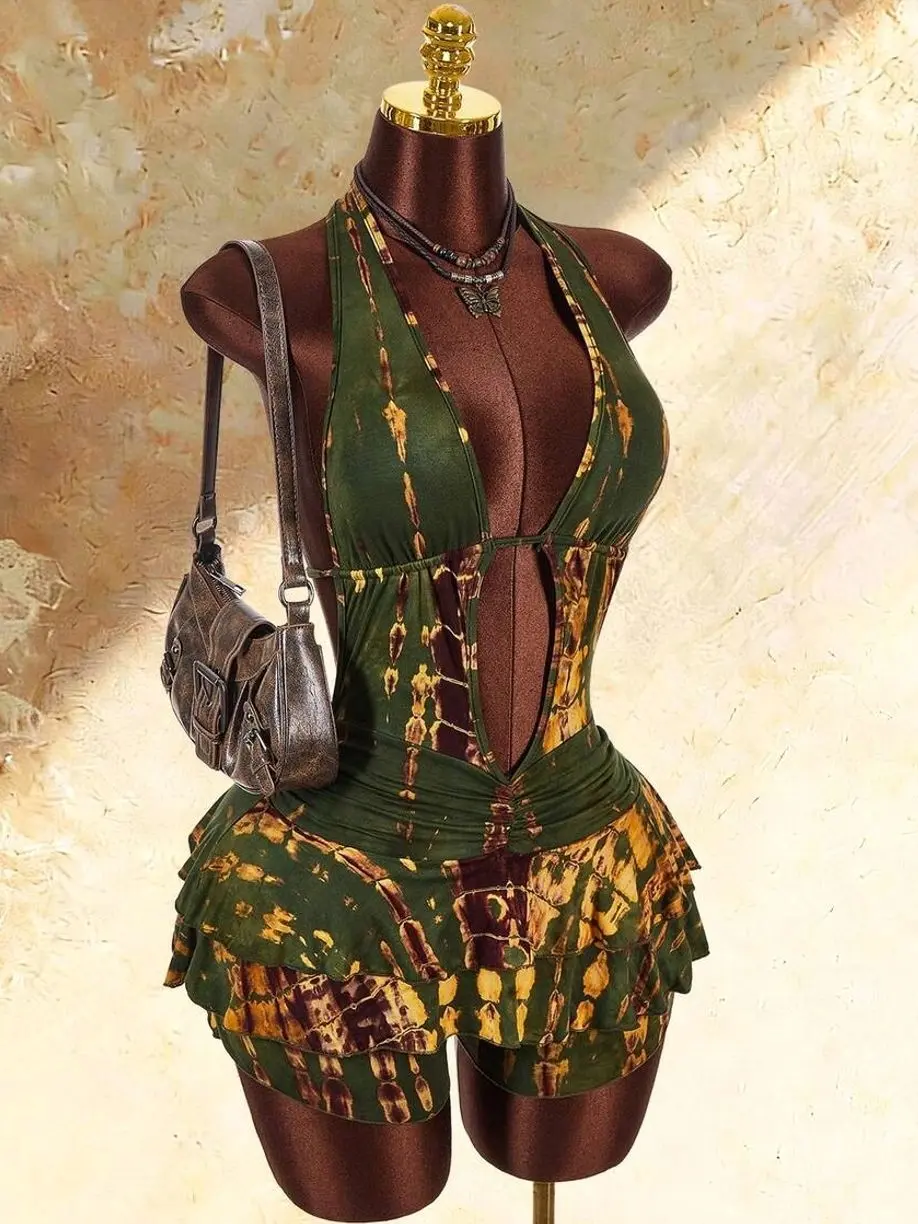 Women's Leopard Print Bodysuit, Sexy Sleeveless Backless Hollow Out Romper for Summer Parties and Clubwear