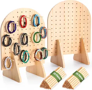 2 Sets Keychain Display Stand Wooden Pegboard Display Stand with 25 Pcs Dowel Rods Oval Bracelet Organizer Holder for Jewelry, Craft Shows, Necklace, Selling, 15.75" x 11.81"(Wood)