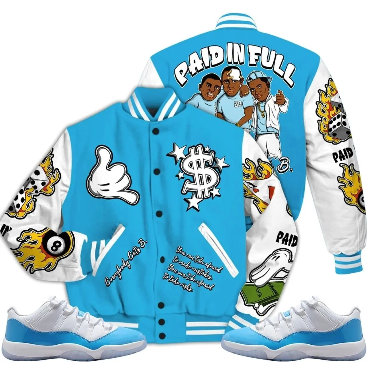 11 Low University Blue Varsity Jacket, Low University Blue 11s Outfits, Money Paid In Full Unisex T-Shirts To Matching Sneakers