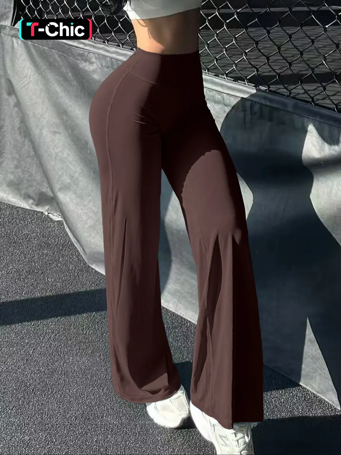 Womens, Casual High Rise Wide Leg Flare Bootcut Yoga Pants Stretchy Knit Soft Everyday Lounge Palazzo Athleisure Slimming Fit Long Length Loose Workout Casual Streetwear Tummy Control Solid Chocolate Brown Travel Comfy Pants