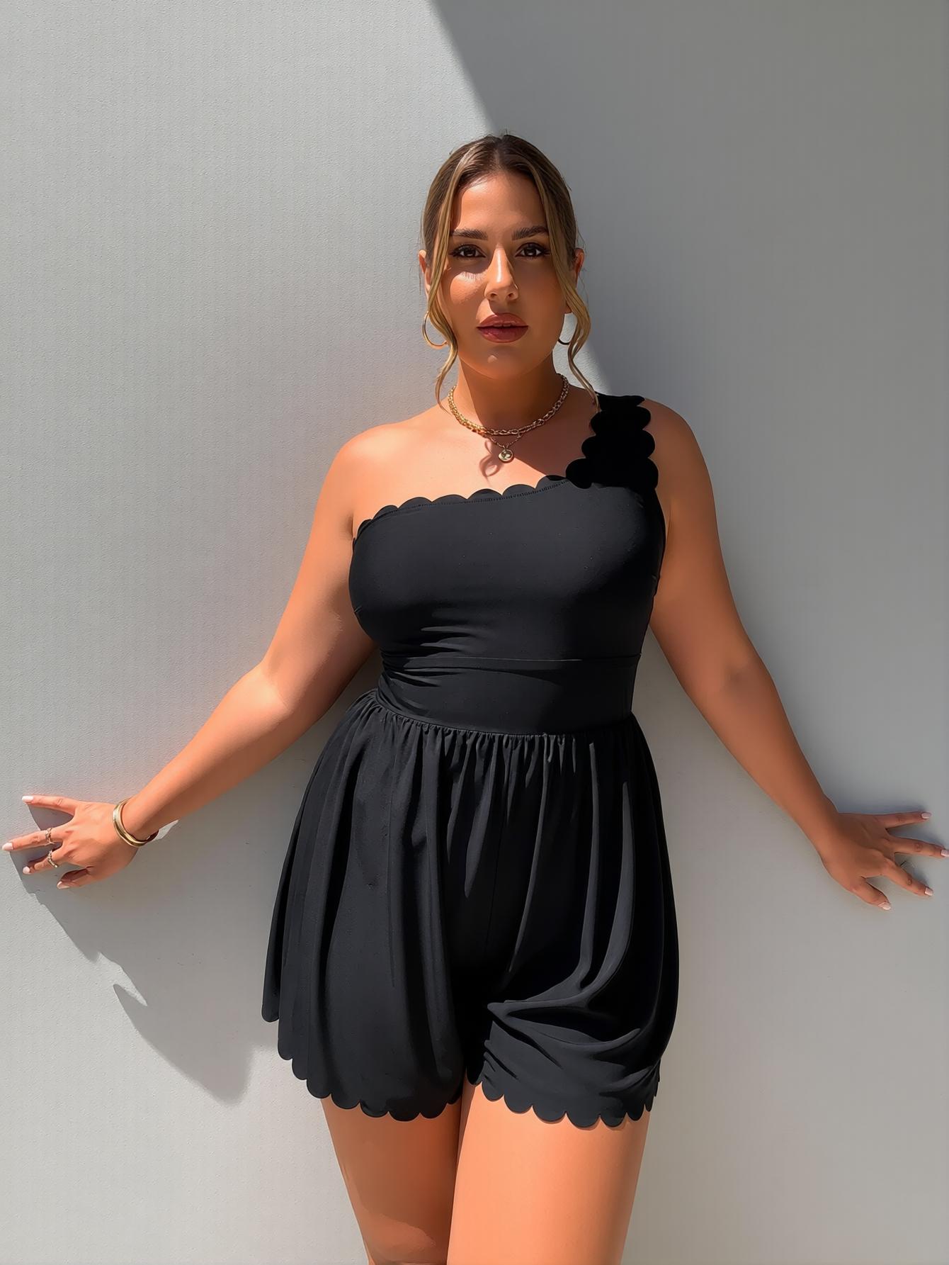 Women's Plus Size One Shoulder Swim Dress, Scallop Trim Tummy Control One Piece Bathing Suit
