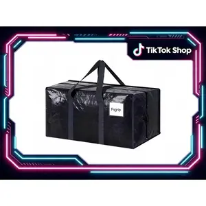 Black Waterproof Large Capacity Storage Tote, Foldable Heavy Duty Moving Bag with Tag Pocket for Home Organization, Travel & Seasonal Items Reusable Grocery Trolley Stair Basket Handles Shopping Expandable Ultraviolet