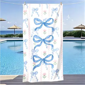 Blue Bowknot Floral Beach Towel, Quick-Dry Soft Polyester, Multi-Use Yoga Travel Swim Camping, Large Size, Best Gift