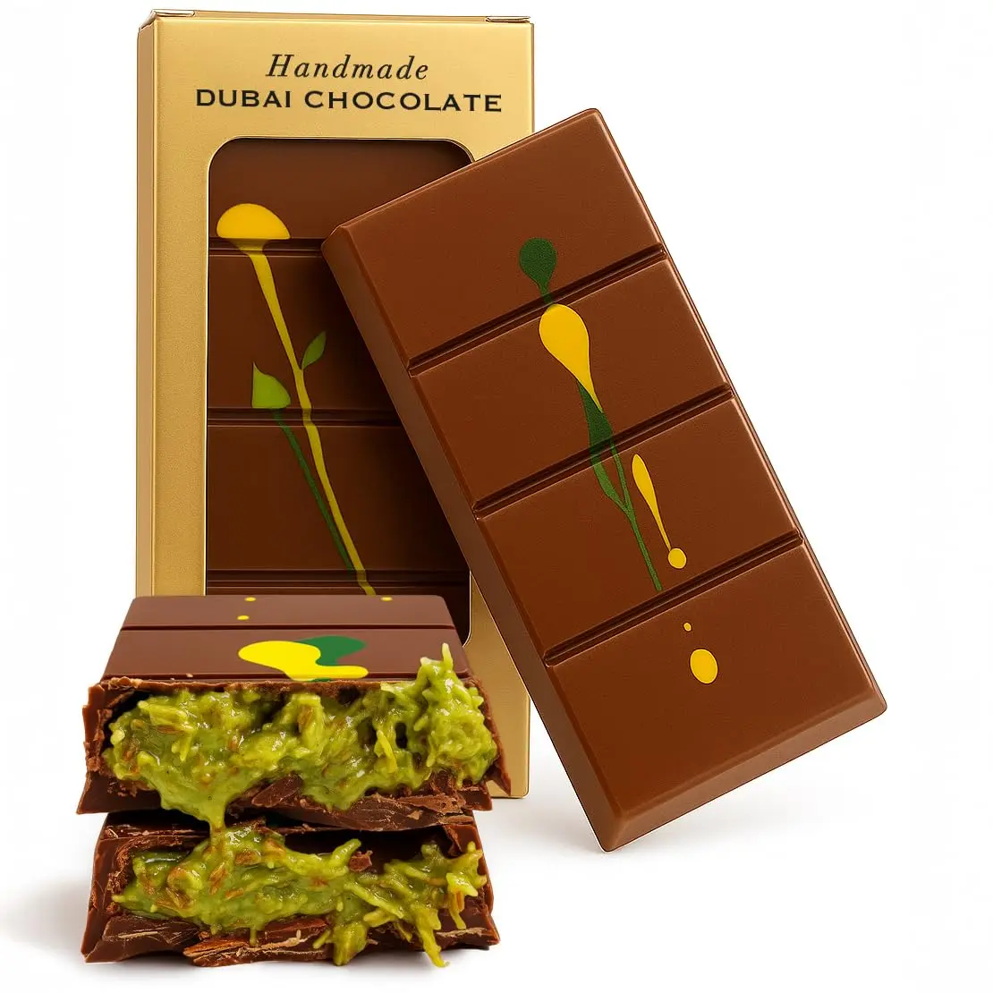 Dubai Chocolate Bar Pistachio, Handmade Luxury Knafeh Chocolate Bar with Pistachio Cream and Kataifi, 3.5 oz (100g)