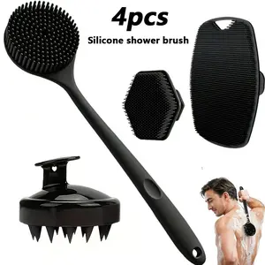 4-Piece Shower Brush Set, Back Face Body Scalp Massage, Gentle Exfoliating Long Handle, Soft Bristles, Non-Slip Grip, Deep Cleaning, Shower Essentials, Body Back Scrubber