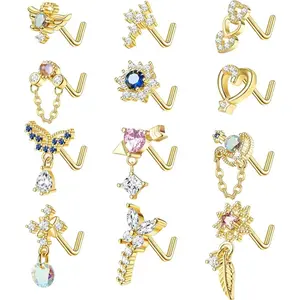 Jstyle 12 PCS 20G Nose Ring Dangle Nose Ring Nose Rings L Shaped Screw Studs Nose Rings Nose Studs For Women Stainless Steel CZ Heart Nose Ring Star Nose Piercing Daily