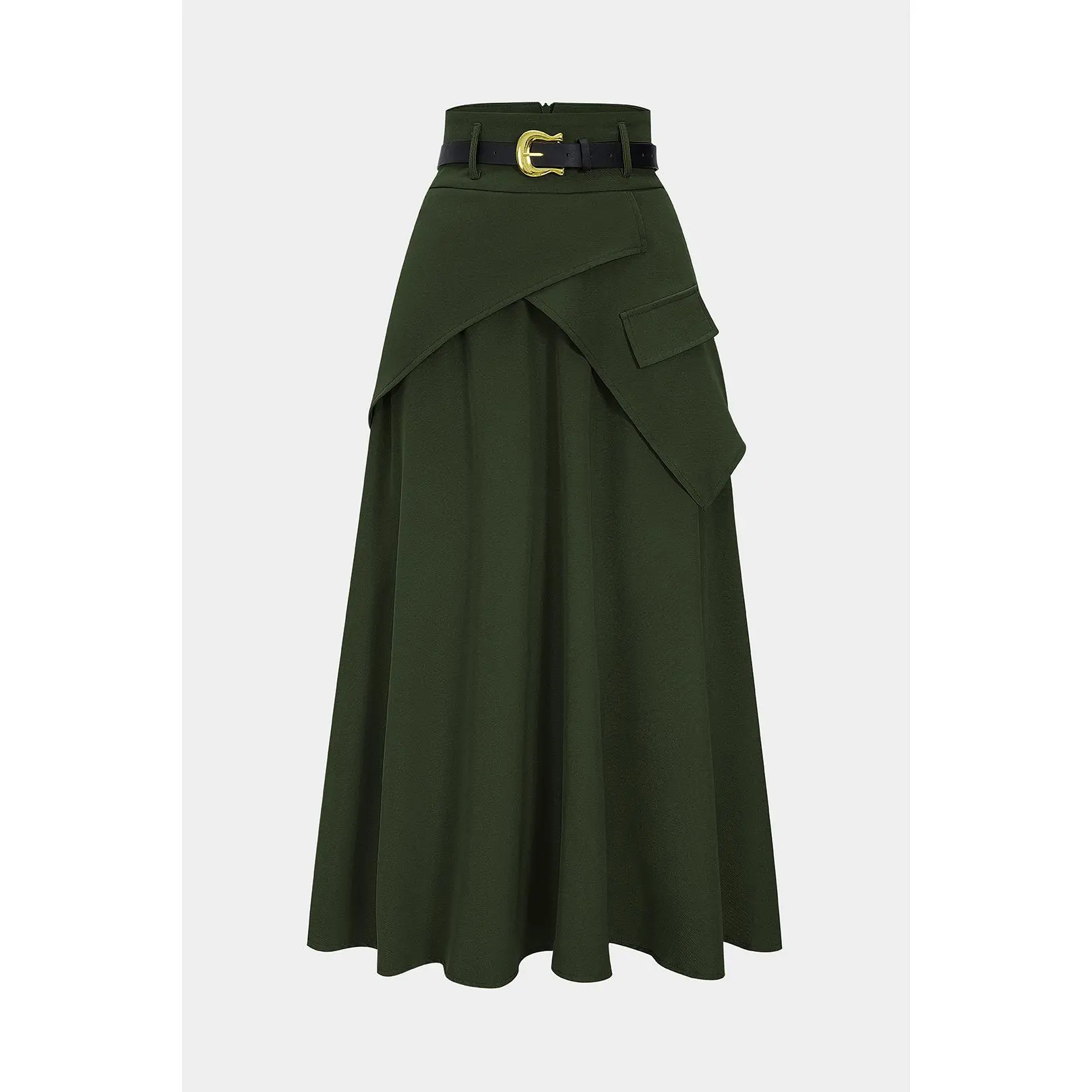 Women's Twill Office Skirt, Loose Fit Asymmetrical Design with High Waist, Ruched Detail and Matching Belt, Fabric, Cloth