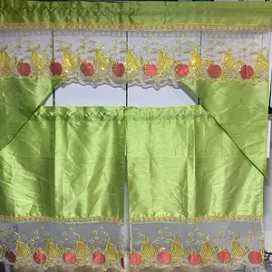 3 Piece Kitchen Curtain Set with Embroidered Fruit Design in Vibrant Green and Gold Accents