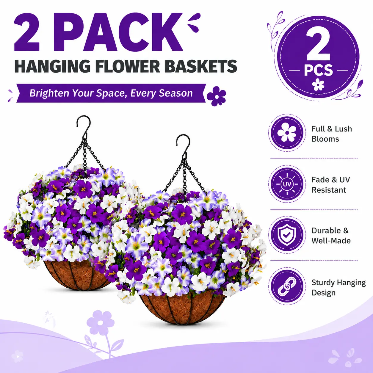 Full Lush UV Resistant Artificial Petunia Hanging Baskets - 2 Pack, Weatherproof No-Fade Flowers, Instant Front Porch & Backyard Glow Up