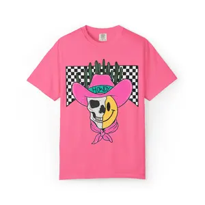 Skull Smile Cowboy T-Shirt | Pink Cowboy Hat, Checkered Cactus Graphic