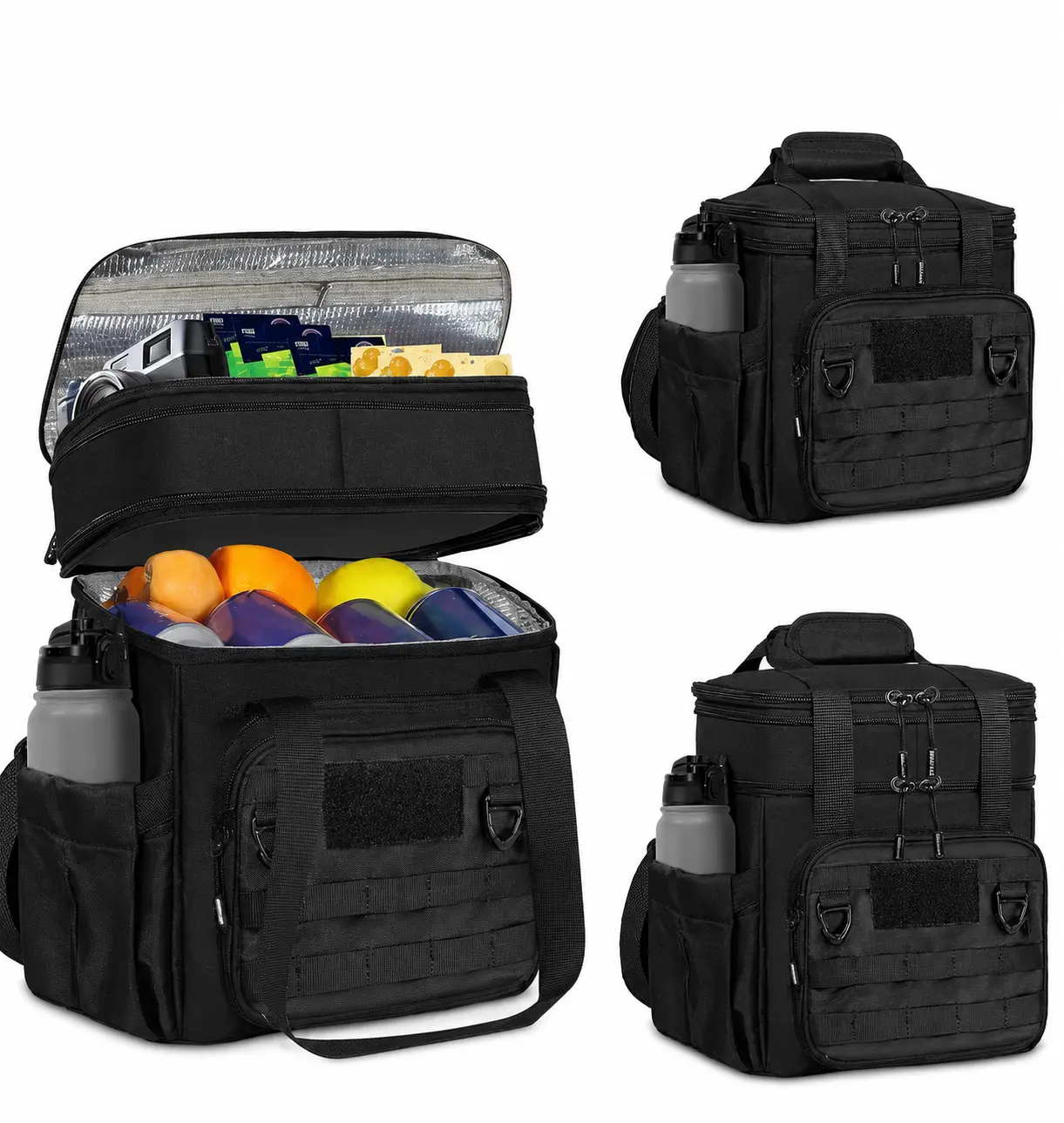 Expandable Insulated Cooler Lunch Box for Men - Tactical Cooler Bag, 8-Hour Hot/Cold Retention, Large Capacity, Water Bottle Holder, Shoulder Strap (Black)