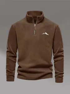 Men's half-zip hoodie, stylish white printed mountain style autumn and winter new men's fashion stand collar four-in-one zip fleece sweater long sleeve knit sweater thickened fleece lining stand collar half-zip long sleeve pullover