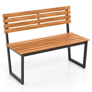 COSTWAY - Outdoor Bench Acacia Wood Patio Loveseat with Backrest and Heavy Duty Metal Frame