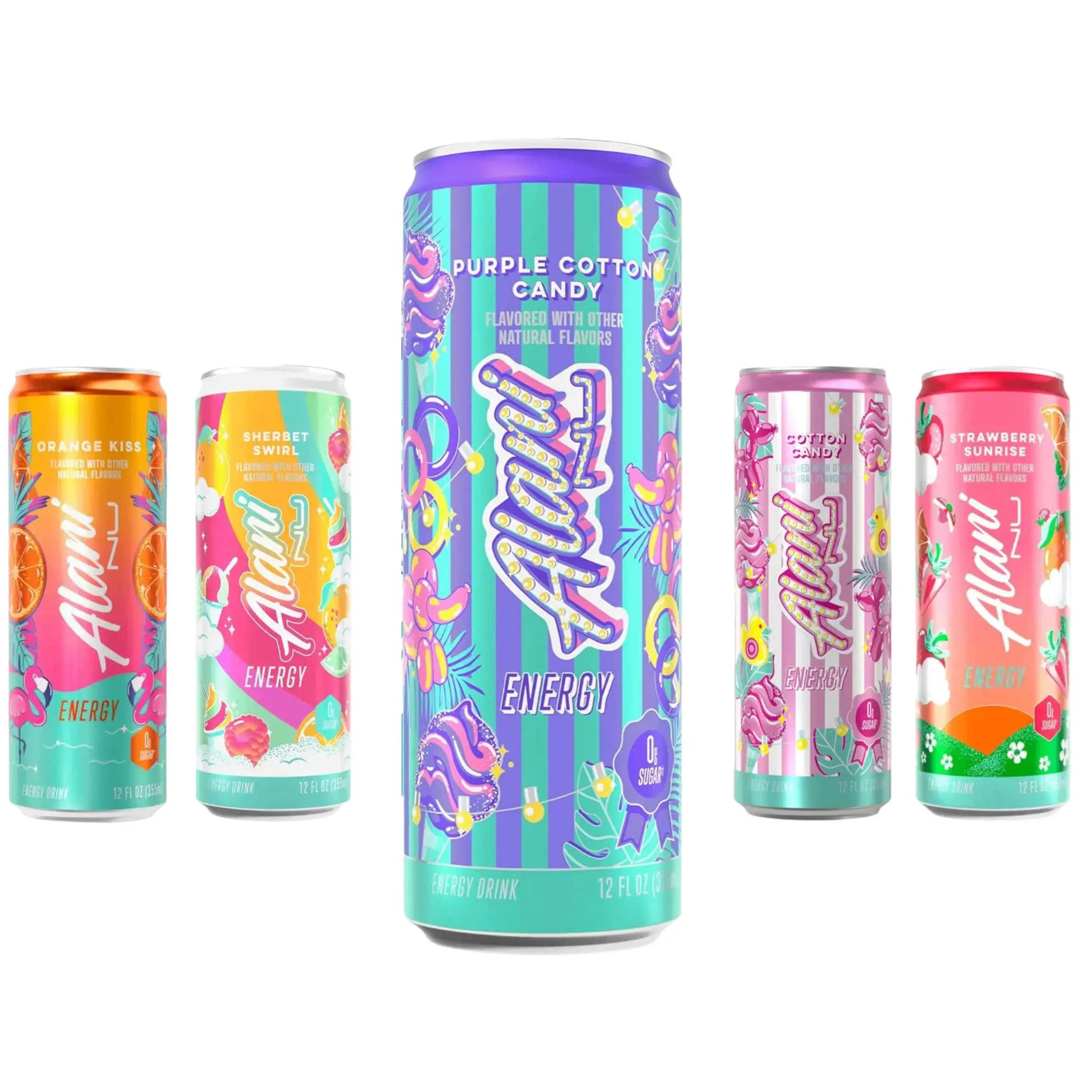 Alani Nu Energy Drink Variety Pack - Purple Cotton Candy, Cotton Candy, Orange kiss, Strawberry Sunrise, Sherbet Swirl - 2 Cans Each Flavor ( 10 Cans )