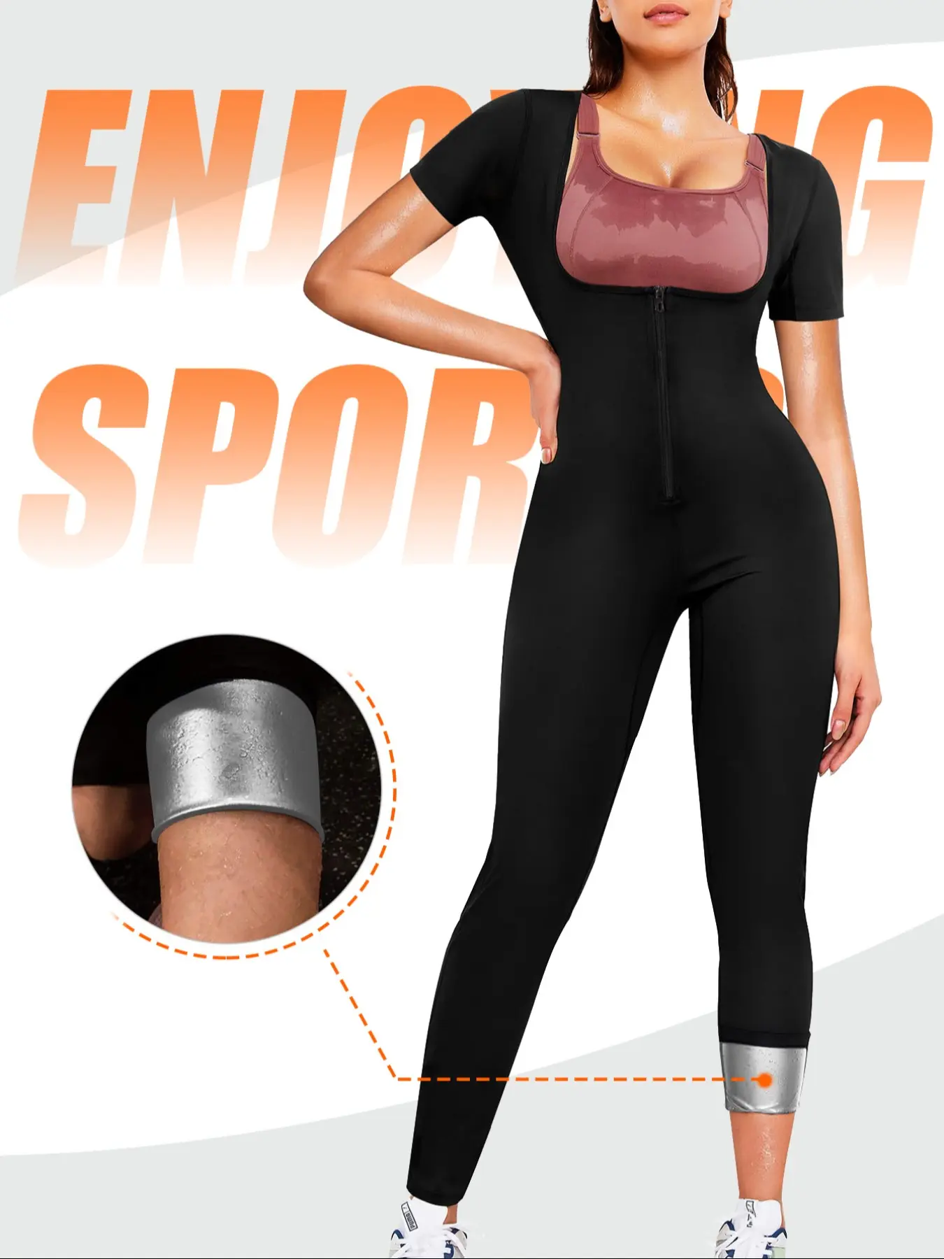 Women's Plus Size Full Body Sauna Suit Set, Sweat-Proof One-Piece Design, Short Sleeve with Hip Control and Abdominal Shaping, Sporty Jumpsuit, Yoga Running Workout, Tummy Control Jumpsuit, Workout Jumpsuits
